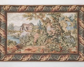 Large Vintage Woven Jacquard Tapestry Wall Hanging Euro Watermill & Waterfall Scene, 38" x 59" - Potterville