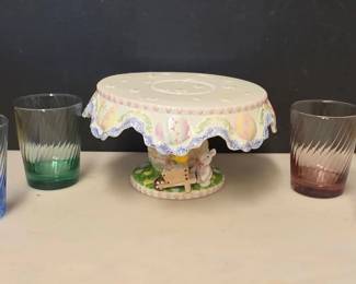 Ceramic Cake Stand and Set of 4 Colorful Libbey Glasses