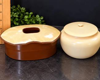 2 1920s Lidded Containers Brown & Cream Handled Storage Box and Ivory Trinket Jar - Potterville