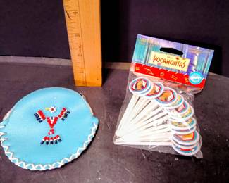 Beaded Blue Leather Coin Purse With Bird Motif And Disney Pocahontas Cake Picks - Potterville