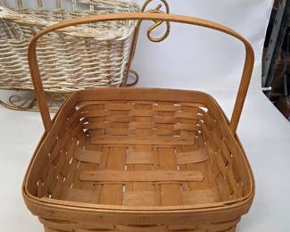 Vintage Longaberger Basket w/ White Wicker Basket and White w/ Gold Trim Wicker and Metal Sleigh