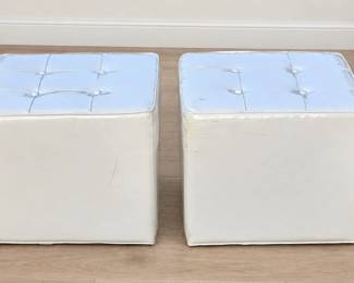 Pair of White Vinyl Square Cube Ottomans