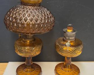 2 Vintage Amber Glass Oil Lamps - One with Shade