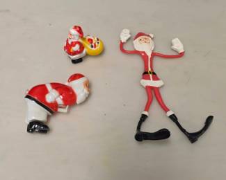 3 Pc Mid Century Christmas Lot - Squirt Gun, Walker Toy, and Bendable Santa