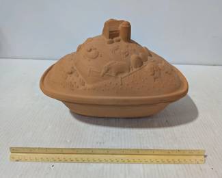 Vintage 1984 Gallery Originals Terra Cotta Embossed Pastoral Scene Farmhouse Casserole Dish - Estate Sales Warehouse (GR)