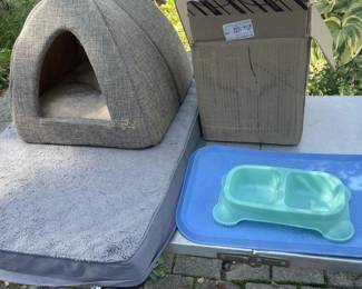 Pet Care Supplies Lot with Dome Cave Bed, Dual Bowl, and Grooming Accessories - Grand Rapids Off-Site