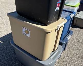 Lot of 5 Storage Totes with Lids - 2 Blue, Grey, Tan & Black