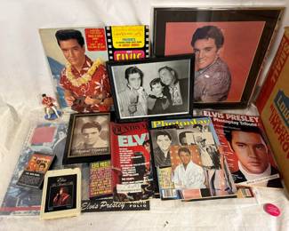 Elvis Presley Memorabilia Lot: Blue Hawaii LP, Magazines, Framed Prints, 8-Track, Brass Plaque