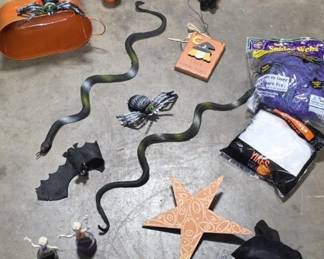 Halloween Decor Lot - Rubber Snakes, Skull Mask, Witch Hat, Pumpkins & Ghosts