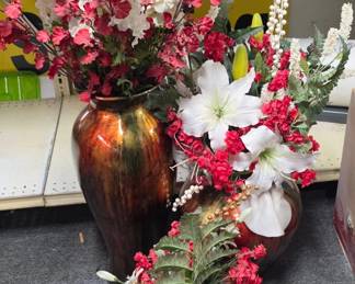 3 Decorative Vases with Foliage - One Bi-Colored Brass