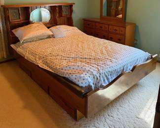 Queen Size Wooden Bookcase Headboard Bed Frame with Storage Cabinets & Decorative Mirror - Lake Odessa Off-Site