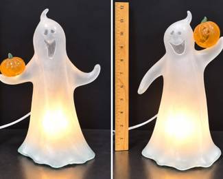 Pair Halloween Lighted Frosted Glass Ghost Holding Orange Pumpkin 11" Electric Lamp Working - Potterville