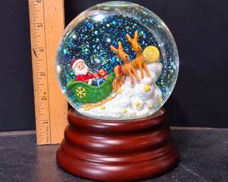 Christmas Snow Globe Santa in Green Sleigh With Reindeer Moon Stars & Wood Look Base - Potterville