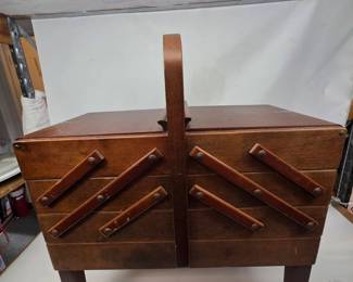 Vintage Wooden Sewing Box Packed w/ Buttons, Threads, And More!