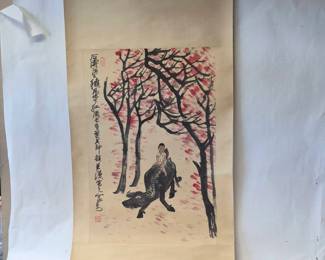 Large Chinese Scroll Painting Of Boy Riding Buffalo, Cherry Blossoms & Calligraphy On Silk Fabric