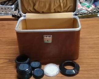 Vintage Brown Hardshell Camera Carrying Case With Lenses, Filters, And A Vintage Cable Release - Potterville