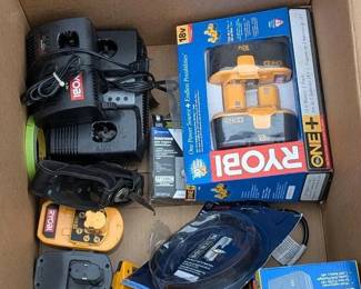 Assorted Ryobi ONE+ 18V Batteries, Chargers, and Accessories
