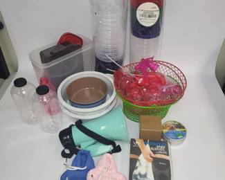 Tote Lot: Megaphone, 32 Twist Top Food Containers, Pet Supplies, Knee Sleeves & More