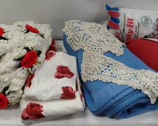 Handmade Twin Size Afghan, Heart Pillow, 2 Doilies, Blue Blanket, Full Flannel Flat Sheet
