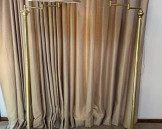Pair of Brass Finish Swing Arm Floor Lamps with Beige Fabric Shades - Lake Odessa Off-Site