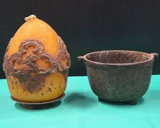 Antique Miniature Cast Iron Cauldron / Smelting Pot w/ Bonus Vintage Decorative Candle