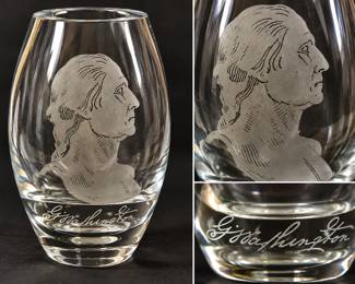 Vintage Scandinavian Signed Lead Crystal Vase Etched George Washington Profile & Signature - Potterville
