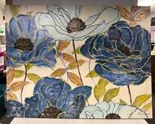 Large Blue and Green Painted Flower Canvas