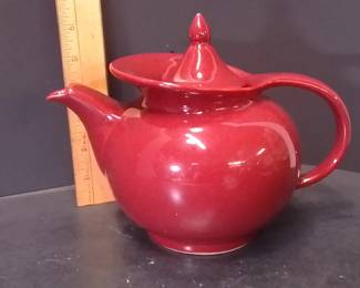 Vintage Hall China Camille "Windshield" Maroon Ceramic Teapot, 1940s-1950s Art Deco Style - Potterville