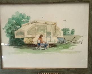 Vintage 1989 "Manson" Watercolor Of A Retro Camper, Professionally Framed By Saper Galleries-Museum – Potterville