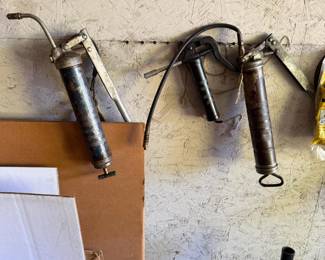 Lot of 3 Vintage Metal Hand Lever Grease Guns with Flexible Hose & Fittings - Lake Odessa Off-Site