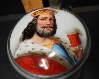 Antique c.1900 King Gambrinus Glass Beer Stein w/ Pewter Lid & Porcelain Medallion – Potterville