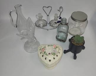7 Pieces of Glassware: Crystal Eagle, Heart Box, Oil & Vinegar Set w/ Holder & More