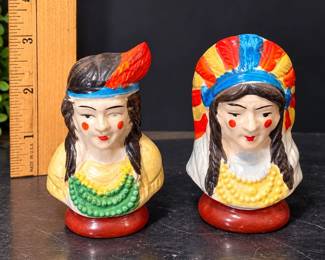 Vintage Native American Indian Chief & Maiden Ceramic Bust S&P Shakers - Potterville