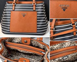 GUESS Black White Striped Tote Shoulder Handbag Tan Faux Leather Trim Leopard Print Lining - Potterville