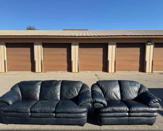 Pair of a Black Leather Couch and Love Seat