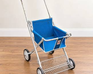 Vintage Gold Star Blue Canvas Baby Stroller with Metal Frame, 4 Wheels & Storage Basket - Potterville