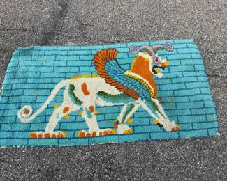 Vintage Latch Hook Rug, Ancient Winged Griffin on Turquoise Brick Wall Design