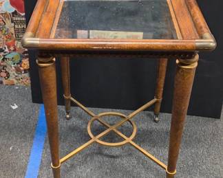 1980s Modern Regency Style Glass, Brass, and Wood End Table