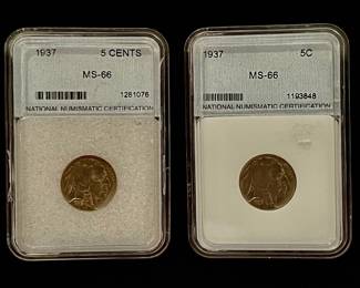 TWO High Grade 1937 Buffalo Nickels Certified NNC MS66 On Both Coins