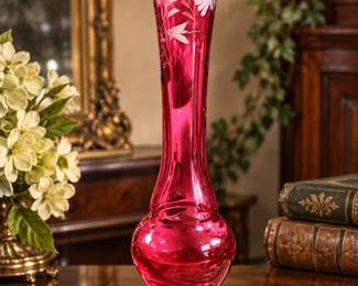 Vintage Cranberry Ruby Red Glass Tall Trumpet Bud Vase With Etched Floral Design Clear Foot - Potterville