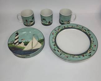 Warren Kimble Coastal Breeze Dishes by Sakura: 3 Mugs, 4 Salad Plates, 4 Dinner Plates