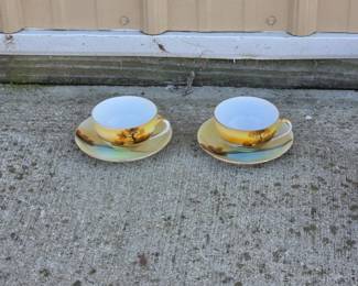 Pair of Vintage Hand-Painted Lustreware Teacups & Saucers - Japan