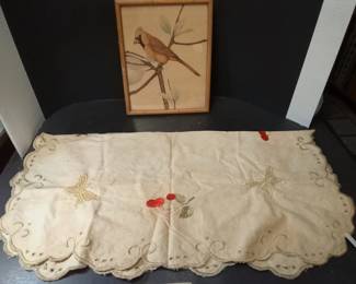 Vintage Cardinal Artwork Paired With A Scalloped, Hand-Embroidered Holiday Table Runner - Potterville