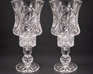 Pair Vintage Cut Crystal Hurricane Candle Holders Pinwheel Star Pattern Footed Glass 2pc - Potterville