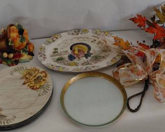 Thanksgiving Decor - Large Serving Platter, 6 Chargers, Floral Decor, Cornucopia, Glass Turkey