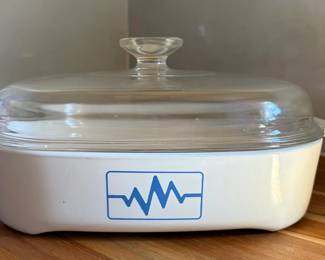 Vintage Corning Ware Microwave Brown 'N Sear Casserole Dish w/Blue EKG Heartbeat - HTF MCM Pyrex