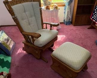 Vintage Ornate Carved Wood Glider Rocking Chair with Matching Upholstered Ottoman - Lake Odessa Off-Site
