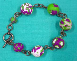 Super Fun Handmade Bracelet w/Polymer Clay Beads & Copper Tone Accents (Glows - UV Reactive)