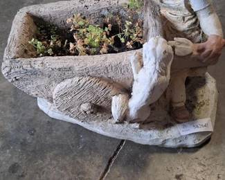Cast Stone Garden Statue Planter - Kid w/ Wheelbarrow and Dog - Yard Art