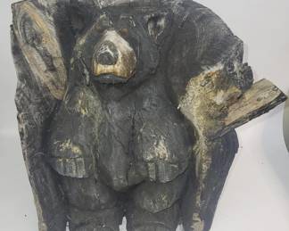 Hand Carved Chainsaw Art Bear Statue in Hollow Log Planter - Garden Decor